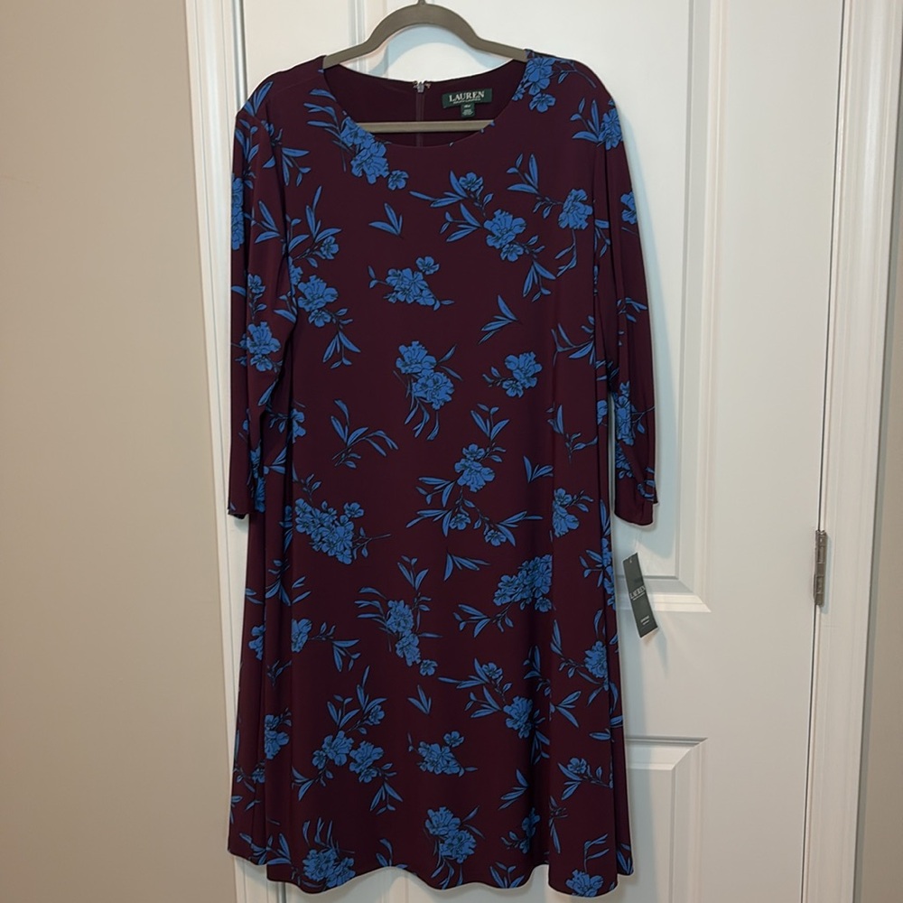 Lauren Ralph Lauren Floral Dress Women Petite Floral Print Dress, Plum and Blue - Picture 4 of 9